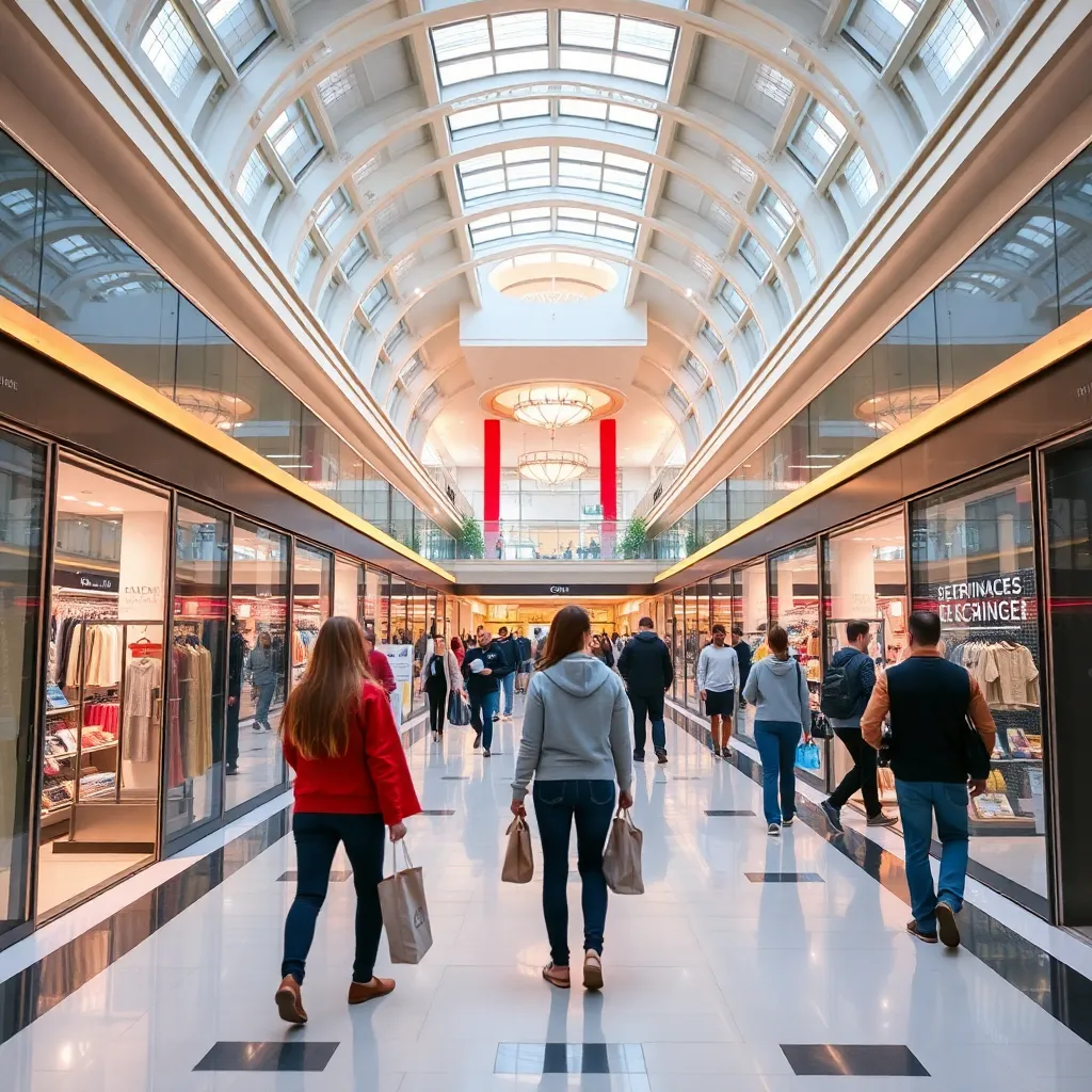 A brightly lit shopping mall interior with people walking and store displays visible.