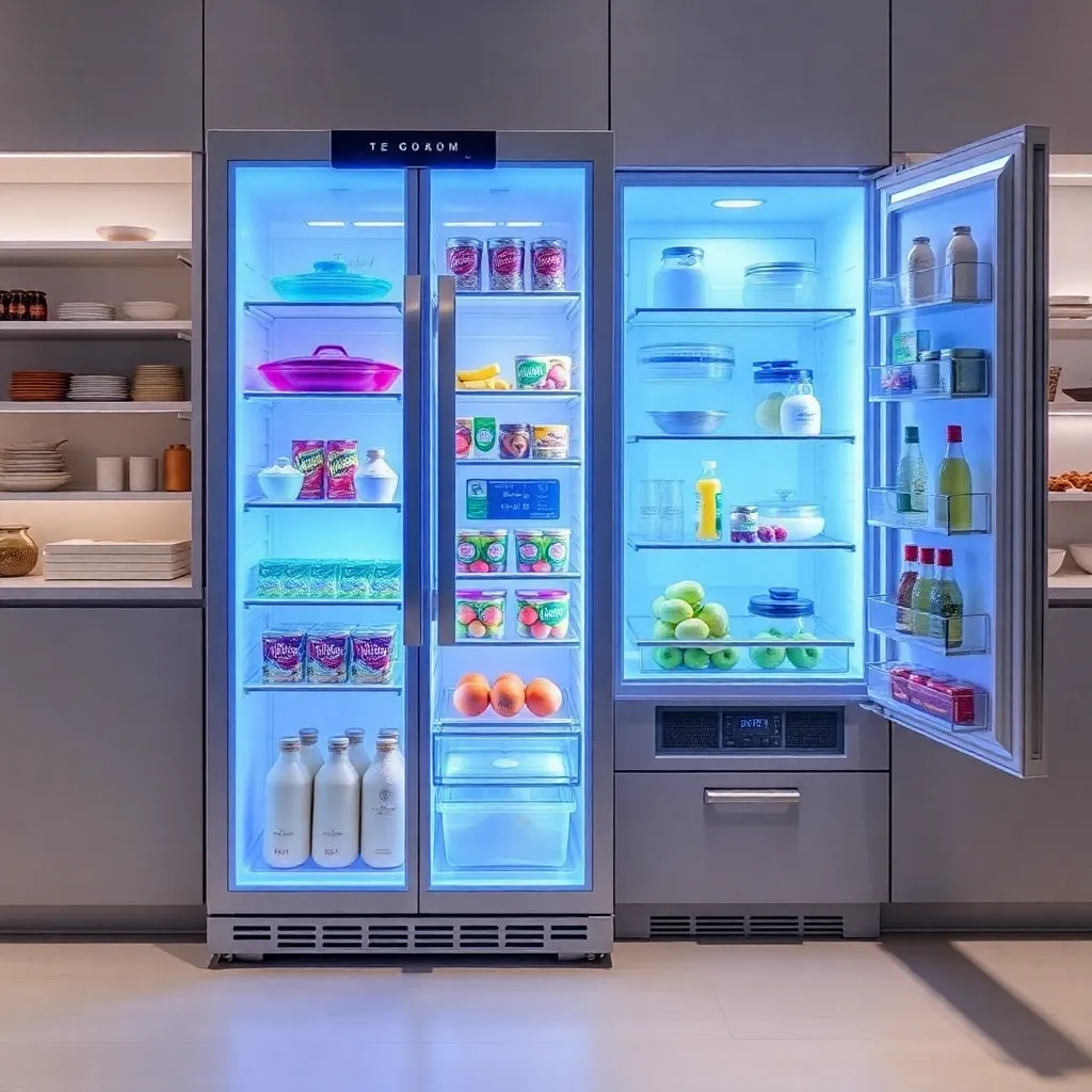 A large, silver refrigerator with open doors revealing a brightly lit interior filled with food items.