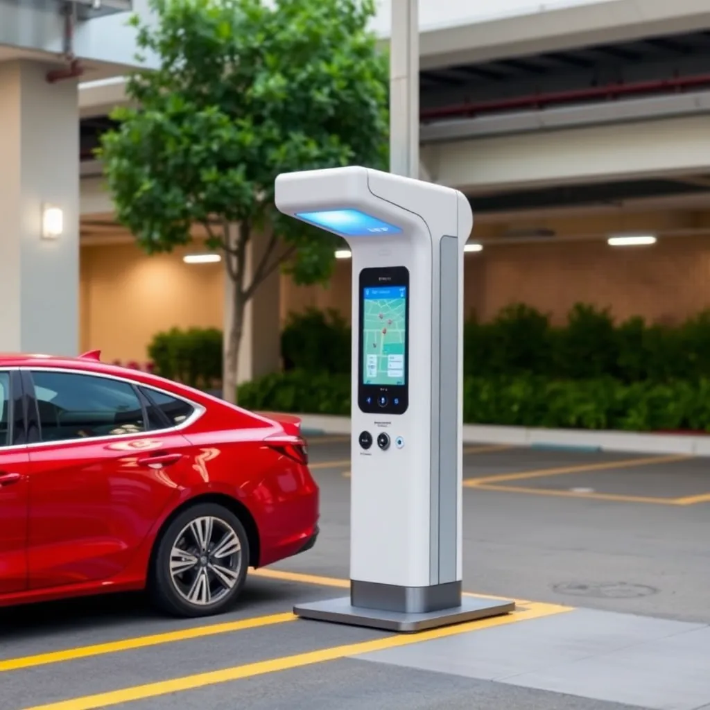 A white electric car charging station with a screen and a red car parked next to it.