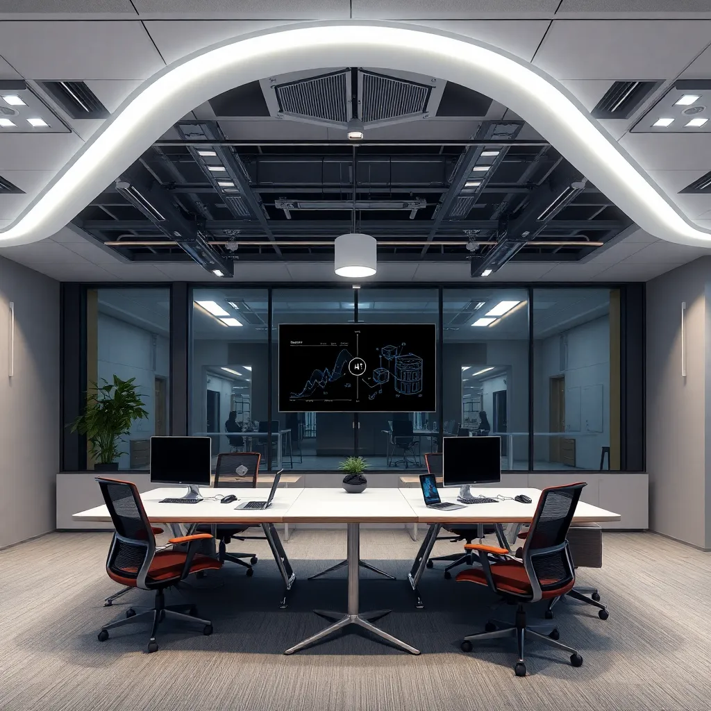 A modern office with a large table, chairs, and a curved ceiling with glowing lights.