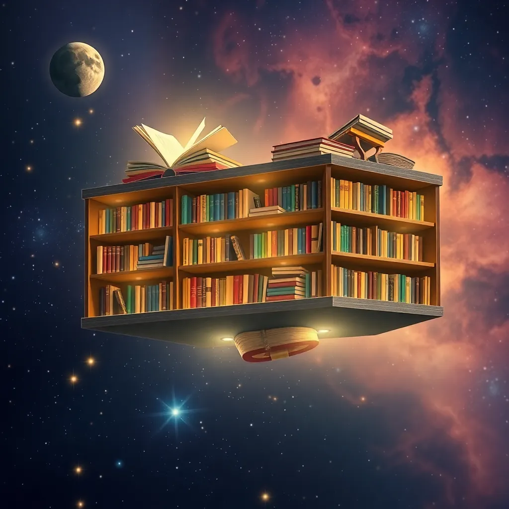A bookshelf filled with books floating in space with planets and stars in the background.