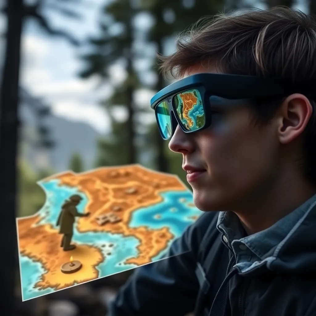 Person wearing augmented reality glasses looking at a map projected onto a surface.