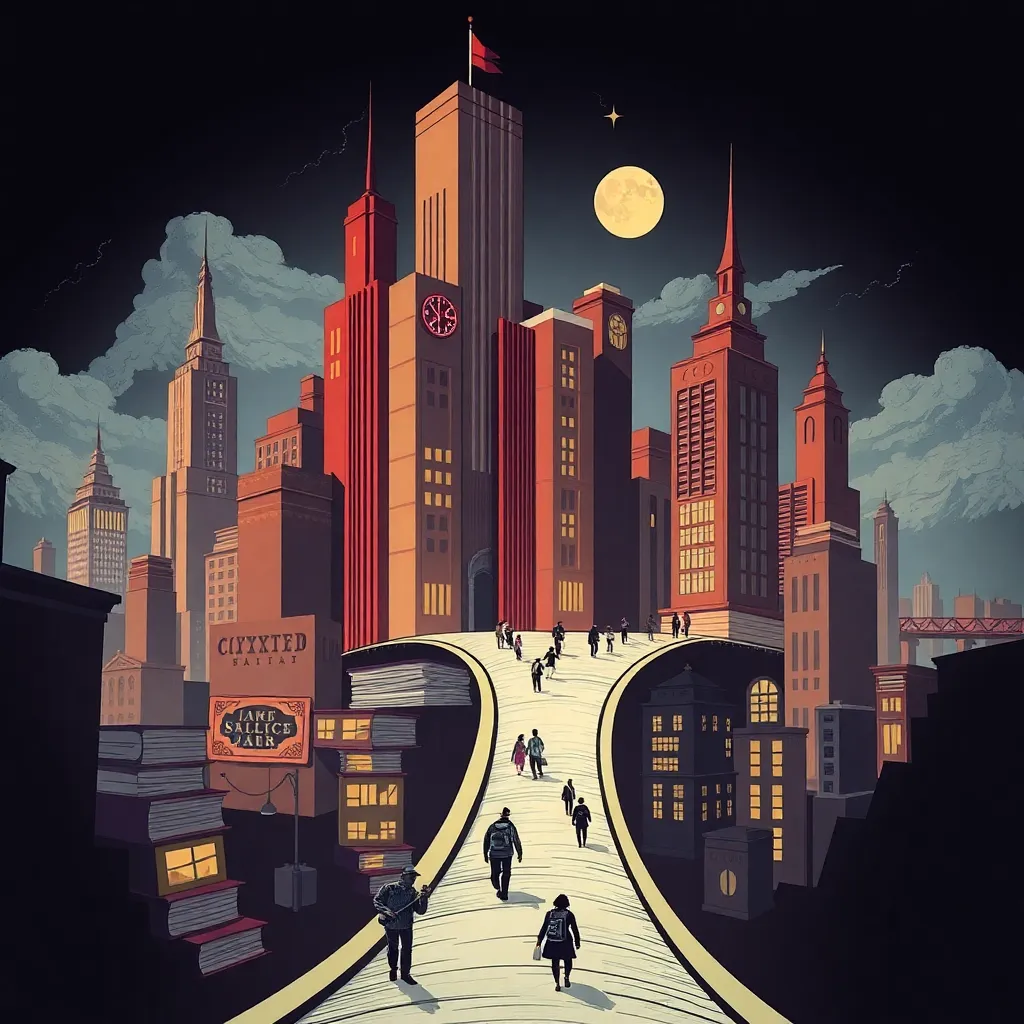 A futuristic city with towering buildings, glowing lights, and a dark, dramatic sky.