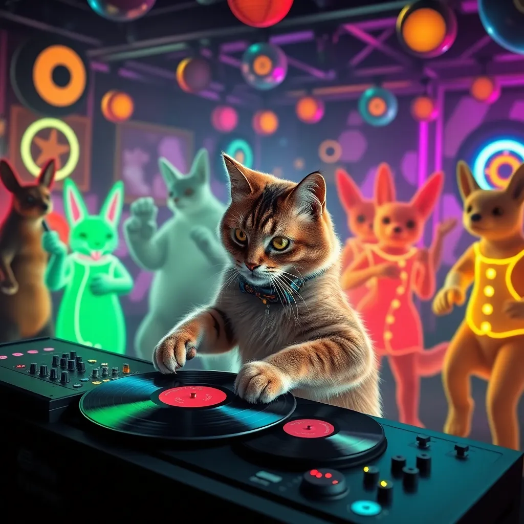 A cat wearing headphones and sunglasses DJing with colorful neon lights in the background.