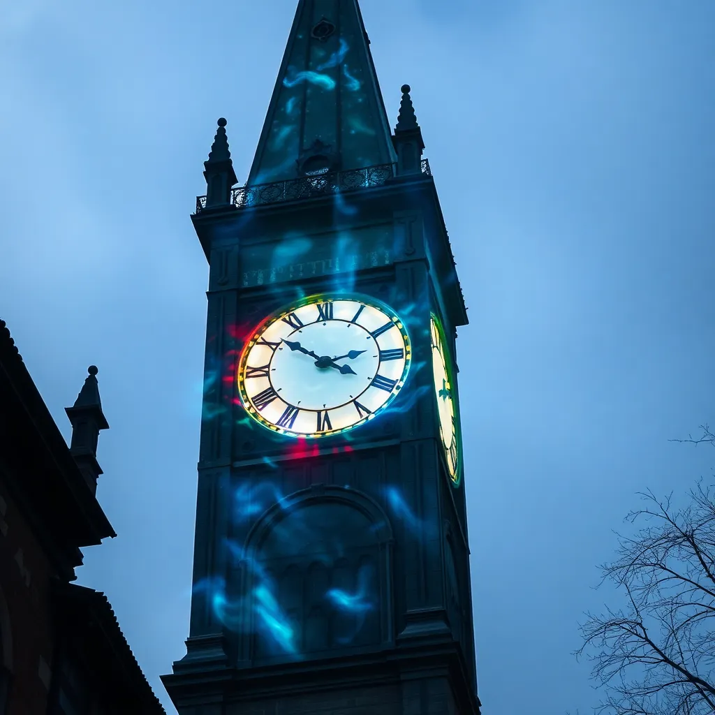 A tall clock tower silhouetted against a dark blue sky with the clock face illuminated.