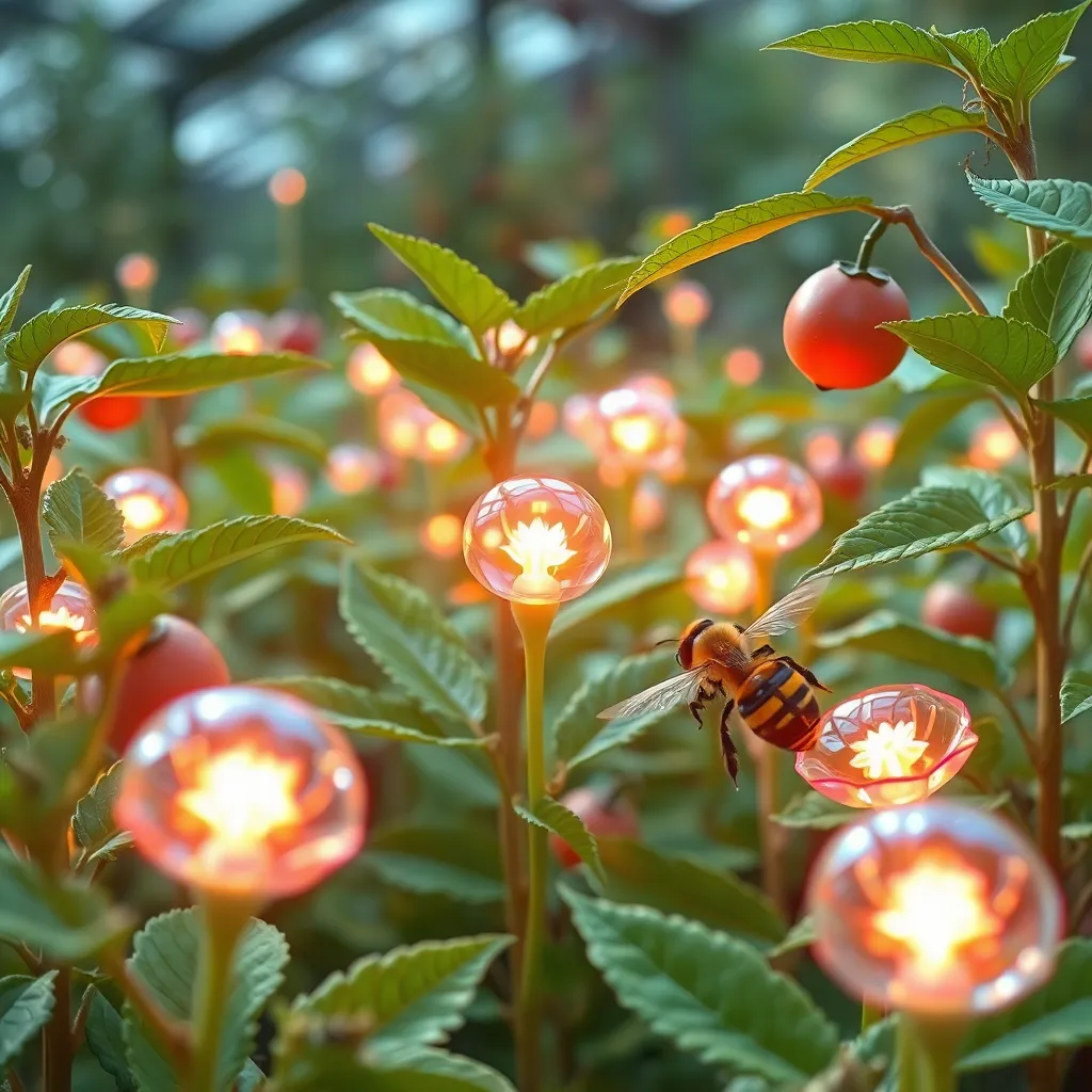 Close-up of plants with glowing red berries and leaves in a dark, lush forest.