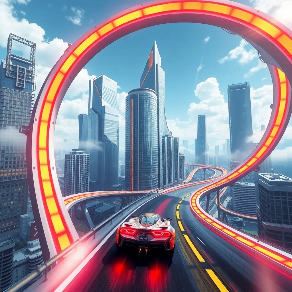 A car driving on a brightly lit, elevated highway curving through a futuristic city with tall buildings.