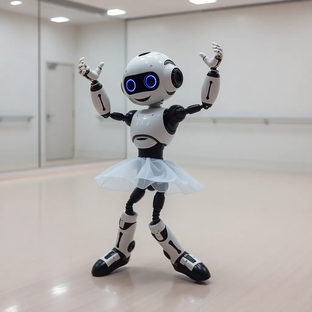 A small, white robot wearing a blue tutu and dancing with its arms raised.