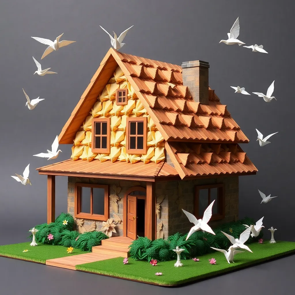 A small, cozy house with a thatched roof surrounded by trees, flying birds, and green hills.