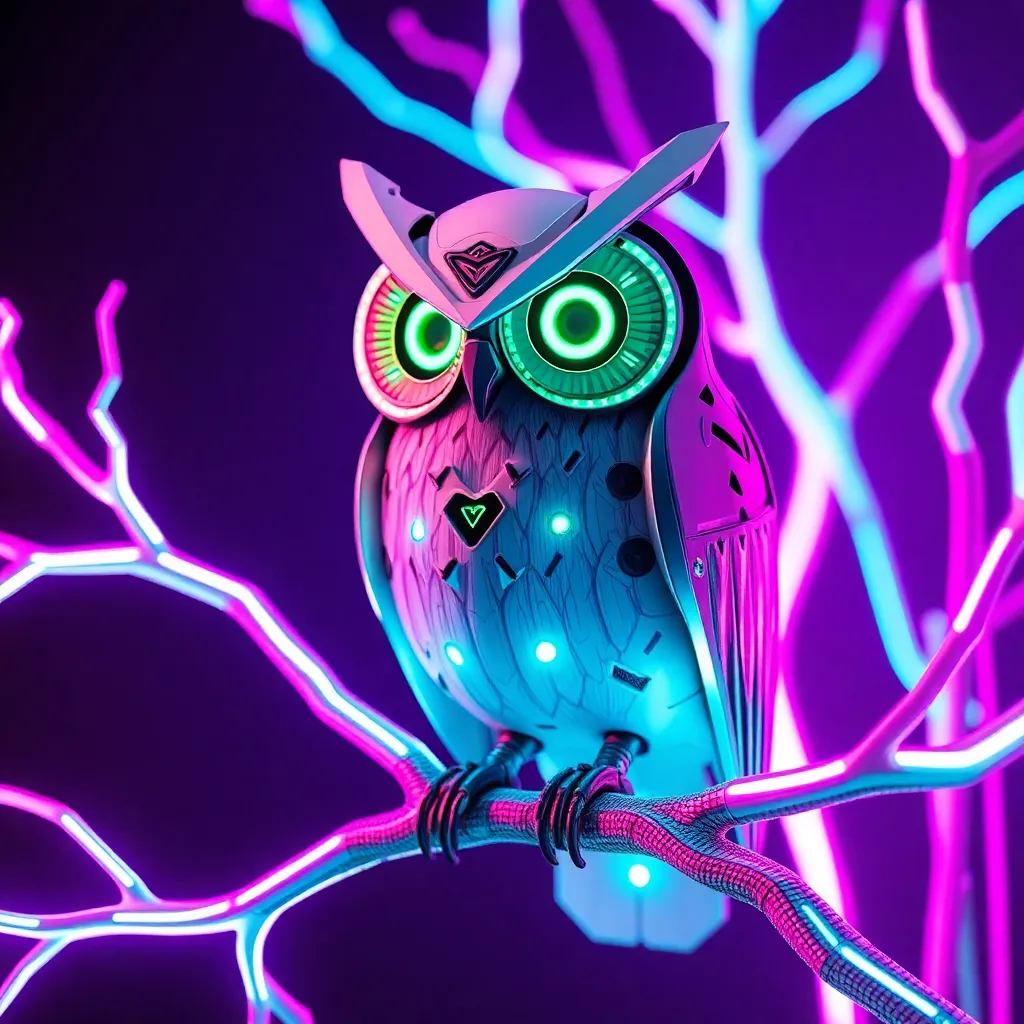 A stylized owl with glowing blue and green feathers perched on a branch with neon-like lines.