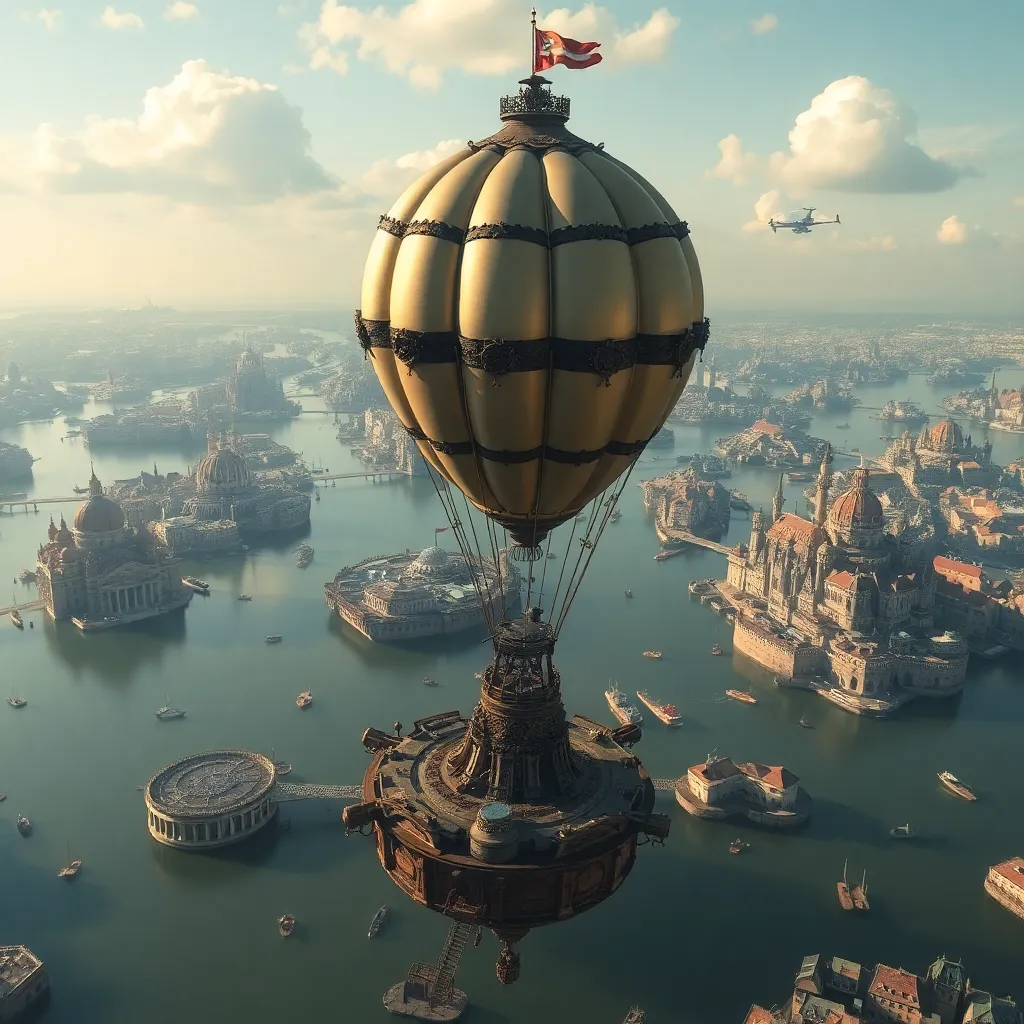 A large, golden airship with a red flag flying over a futuristic island city with tall buildings.