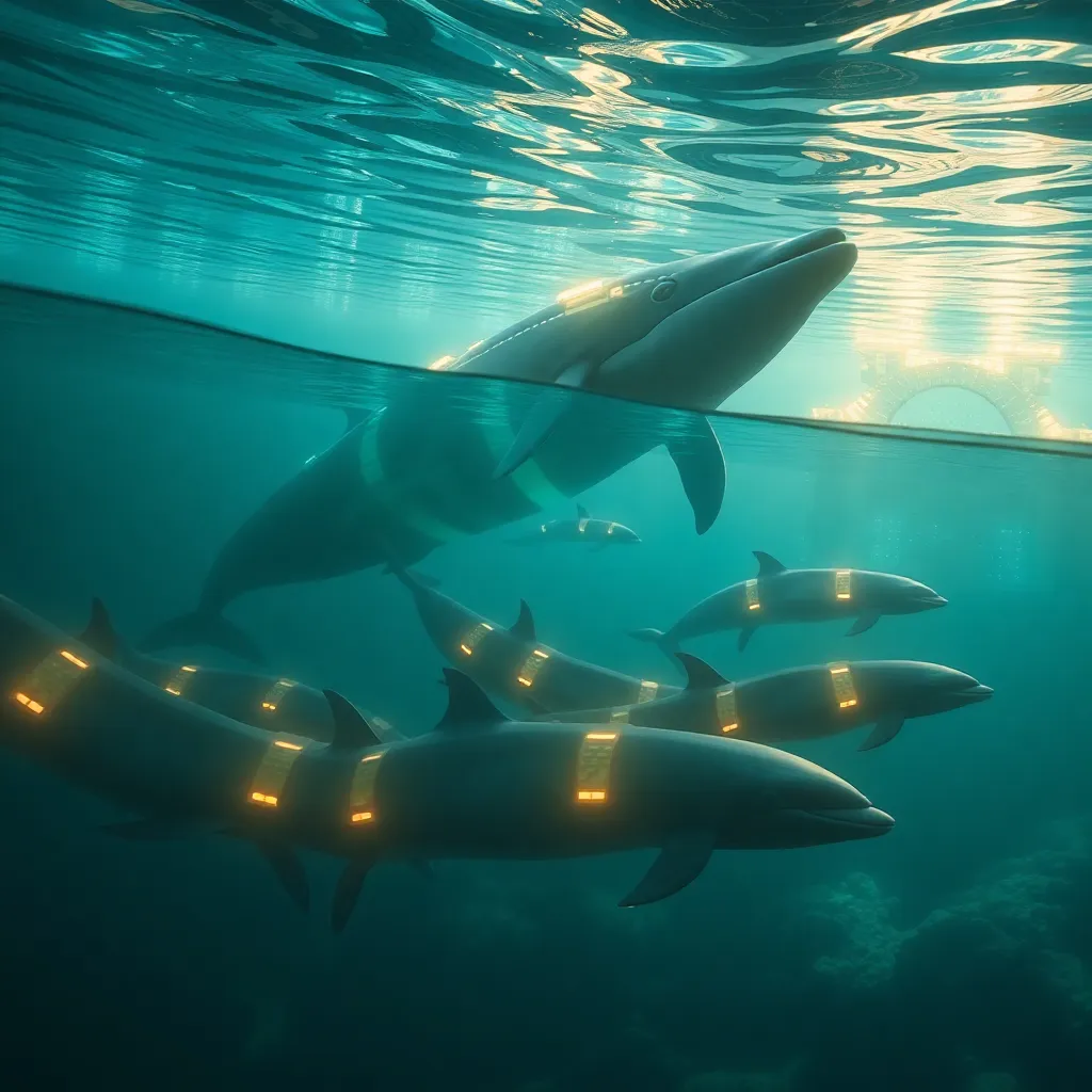 A group of robotic fish swimming in clear blue water, viewed from an underwater perspective.