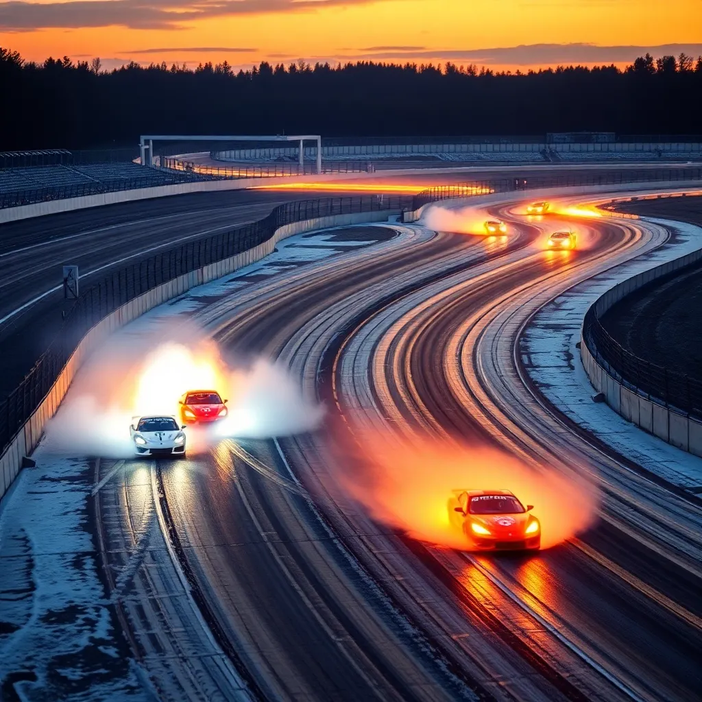A long exposure shot of a highway at dusk with car headlights blurring into streaks of light.