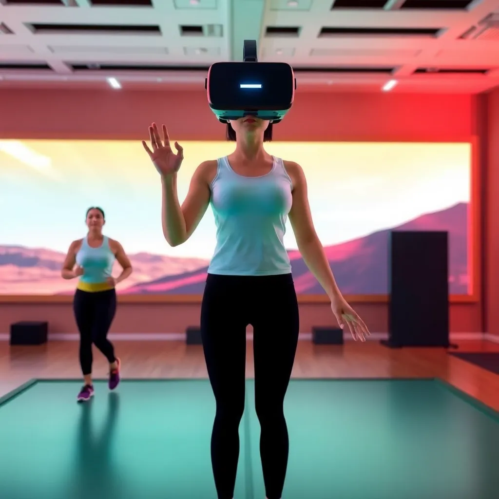 A woman wearing a VR headset exercising in a gym with a blurred background.