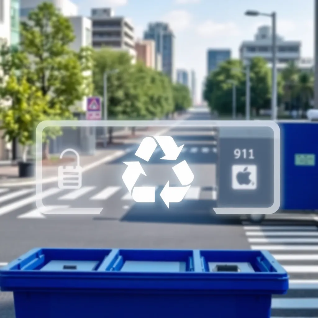 A futuristic recycling bin with a transparent display showing a recycling symbol and city background.