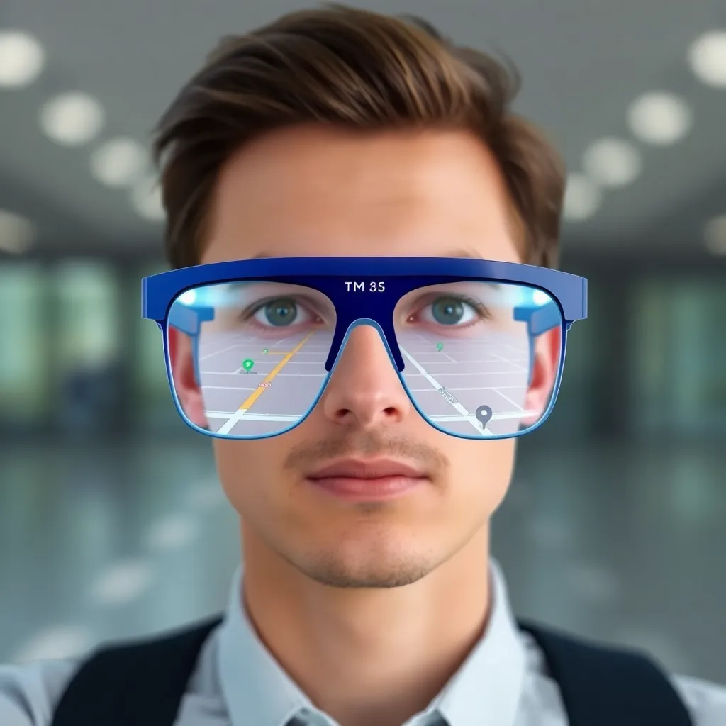 A man wearing futuristic glasses with data and icons displayed on the lenses.