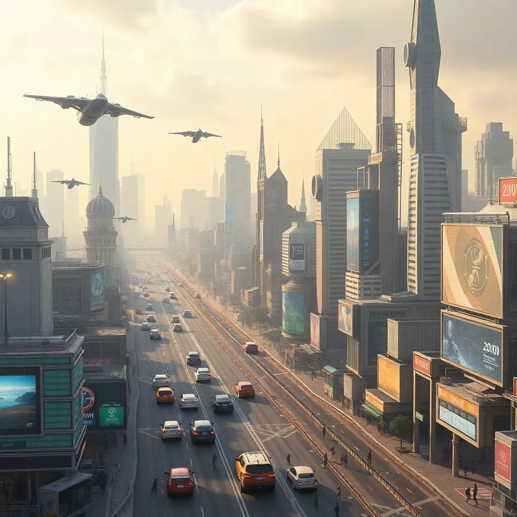 Futuristic cityscape with flying vehicles and advanced architecture.