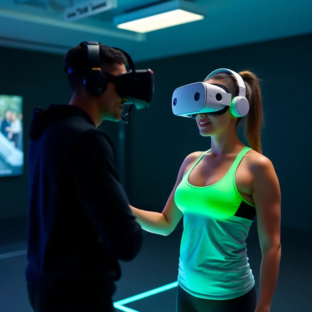 Two people wearing VR headsets in a modern, brightly lit space, interacting with each other.