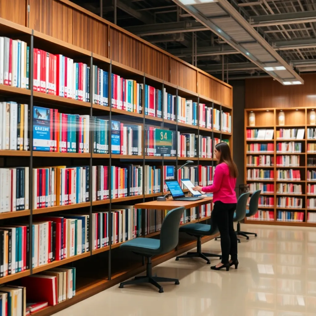 A modern library with tall bookshelves filled with colorful books and a person using a laptop.