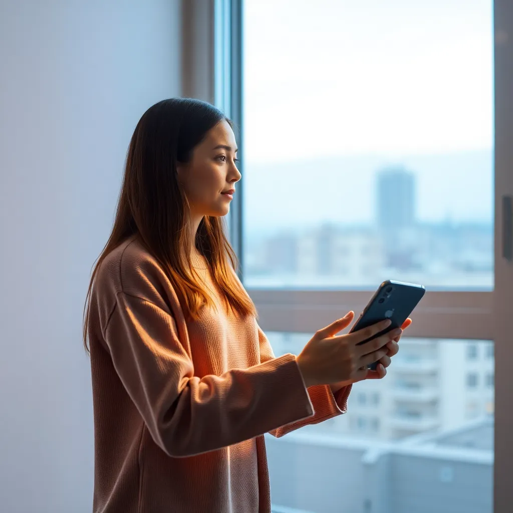 A woman standing by a window using a tablet with a blurred city view.