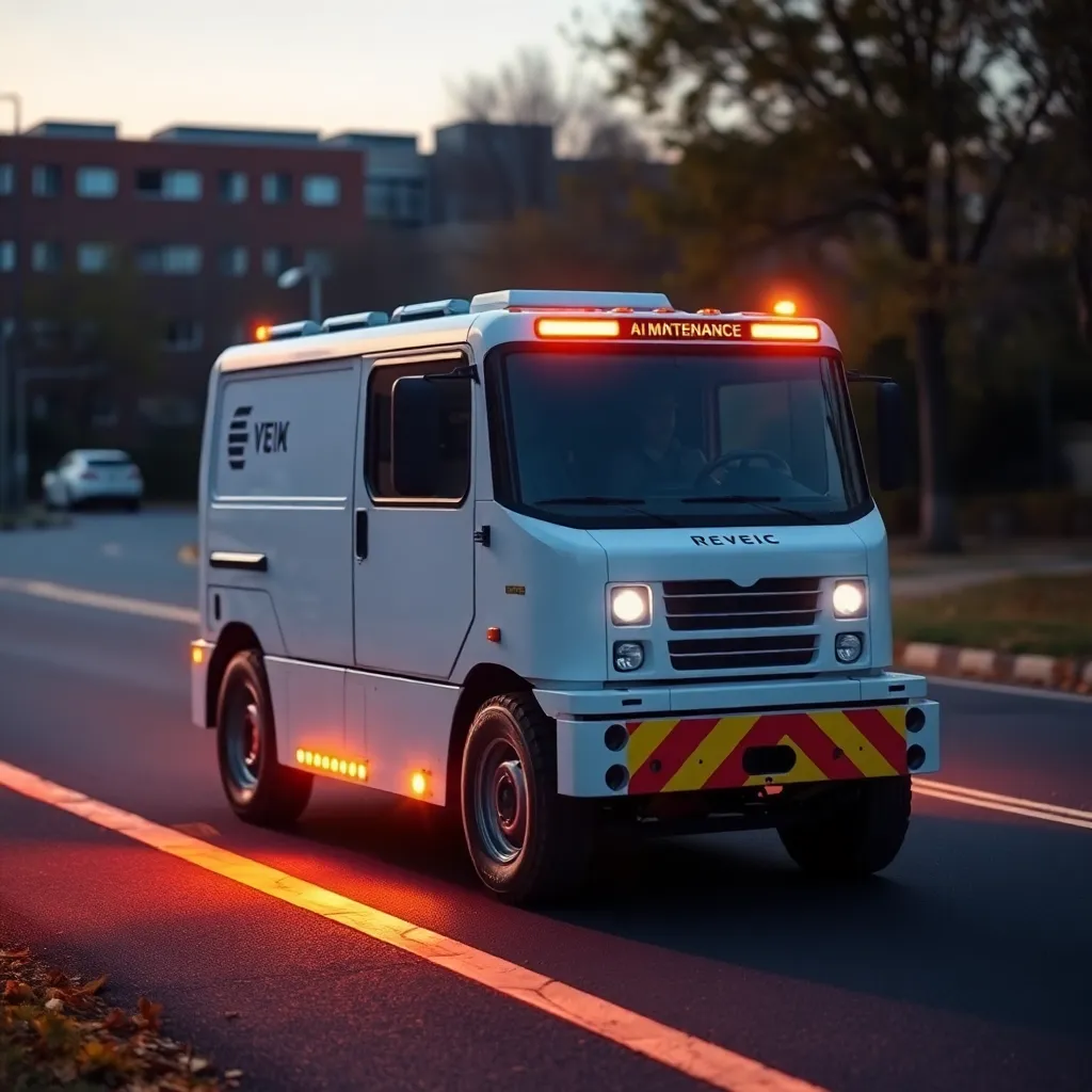 A small, white autonomous vehicle with flashing lights driving on a city street.