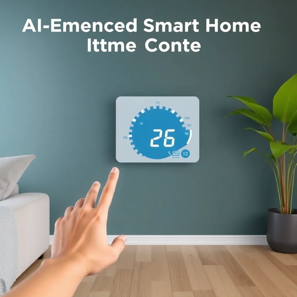 A hand reaching towards a wall-mounted smart home control panel displaying a temperature of 26 degrees.