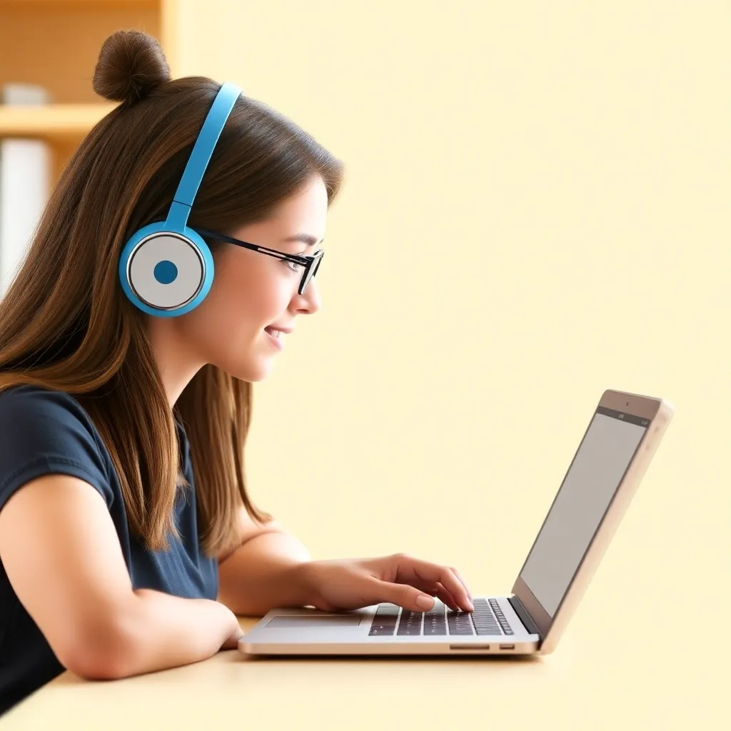 A young girl with glasses and headphones using a laptop at a table with a yellow background.