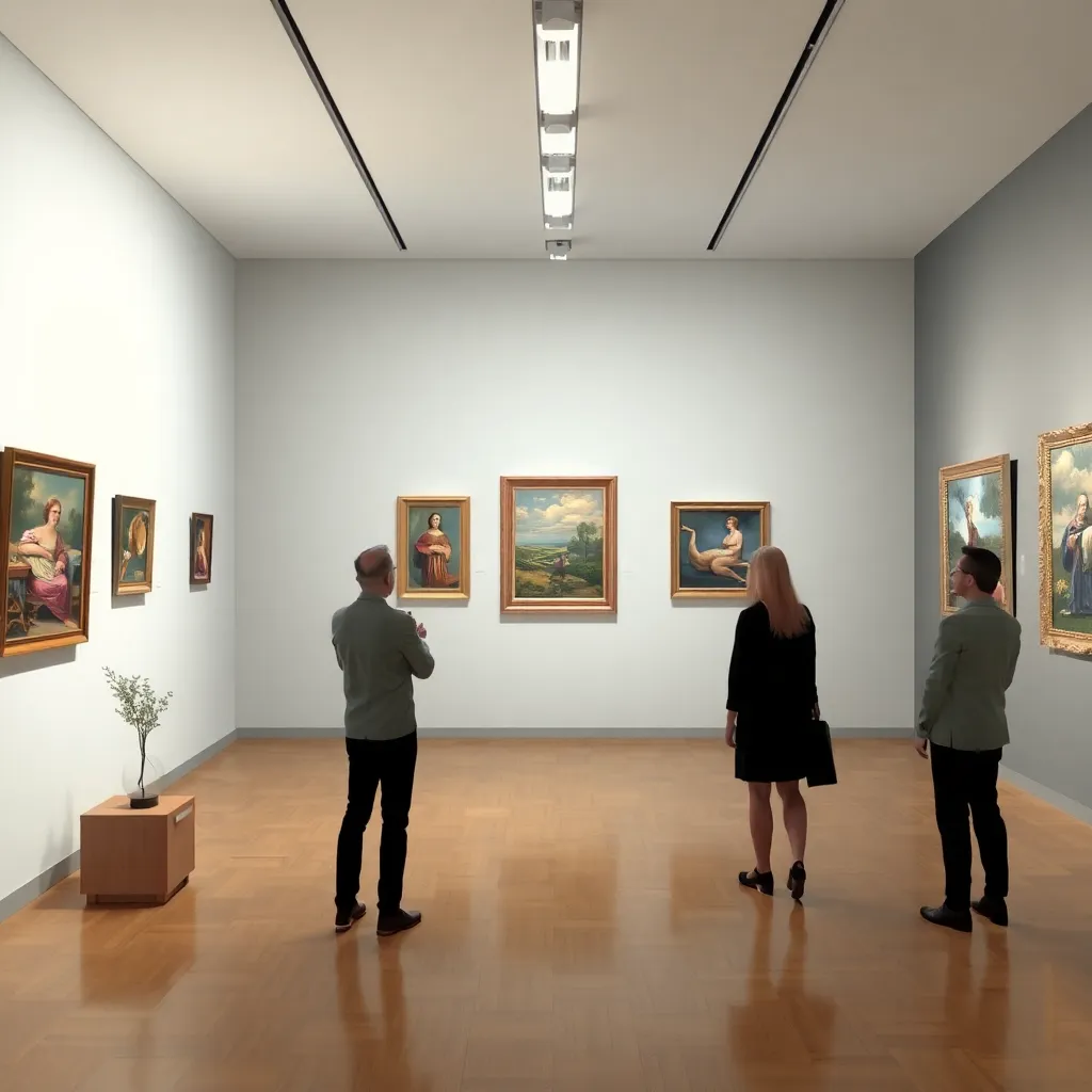 Silhouettes of people looking at paintings in a brightly lit art museum.