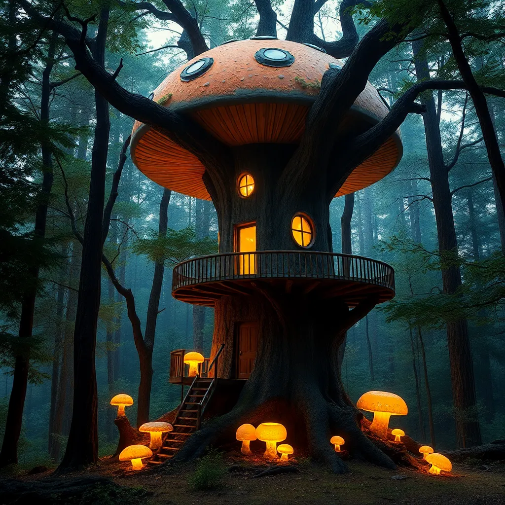 A large, dark creature with glowing eyes and tentacles emerging from a dark forest with glowing mushrooms.