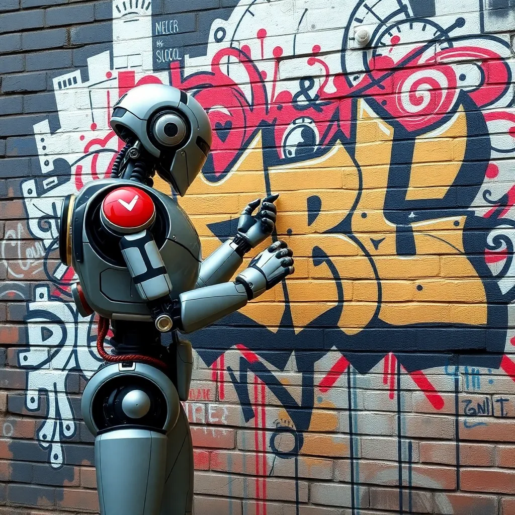 A white robot with a single red eye standing in front of a brick wall covered in graffiti.