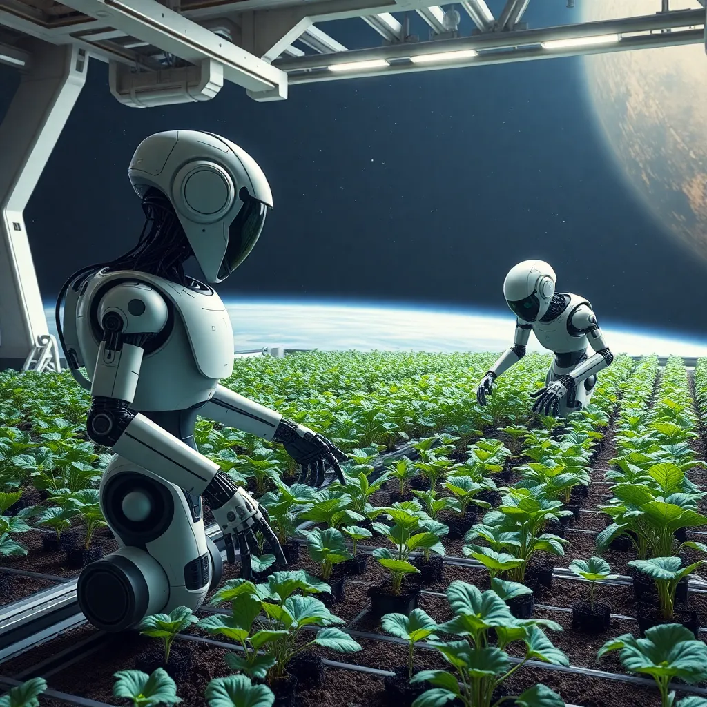 Astronaut planting crops on a lunar base with Earth visible in the background.