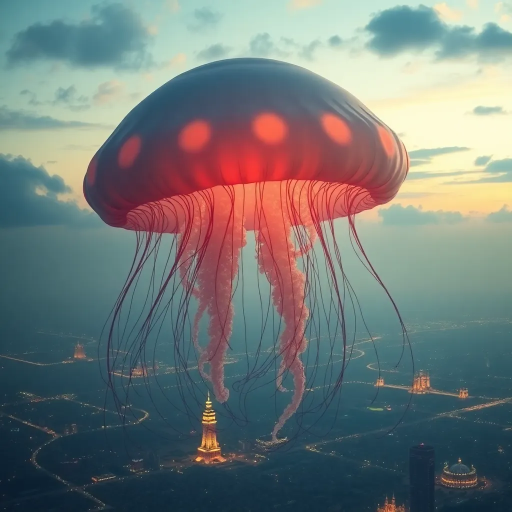 A large, red jellyfish with glowing lights floating over a cityscape at dusk.