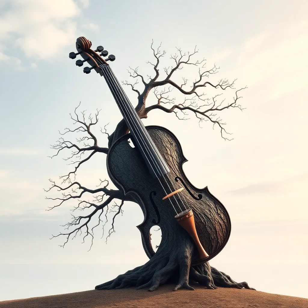 A tree trunk and branches shaped like a violin against a light blue sky.