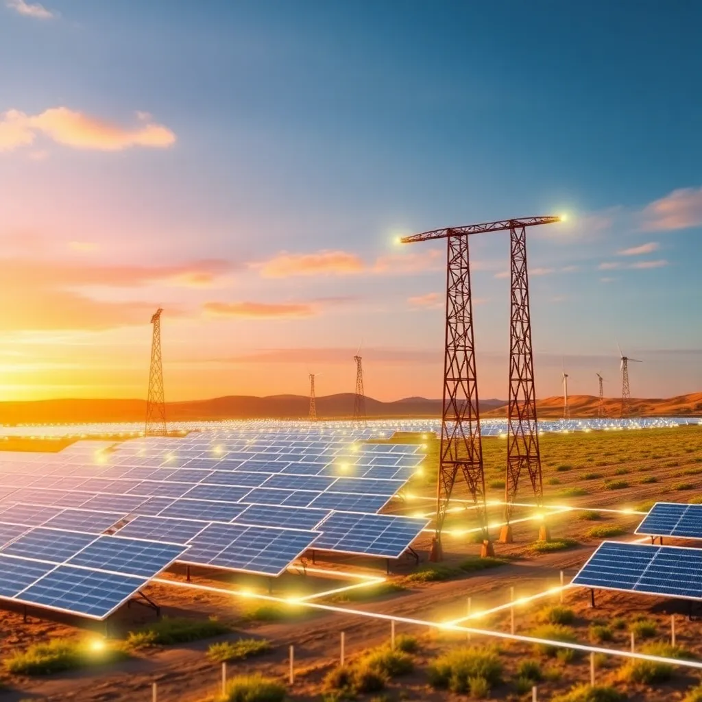 A field of solar panels and wind turbines at sunset with a blue sky and scattered clouds.