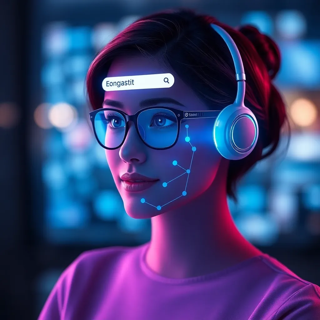 A woman with glowing lines and data points on her face, wearing glasses and headphones.