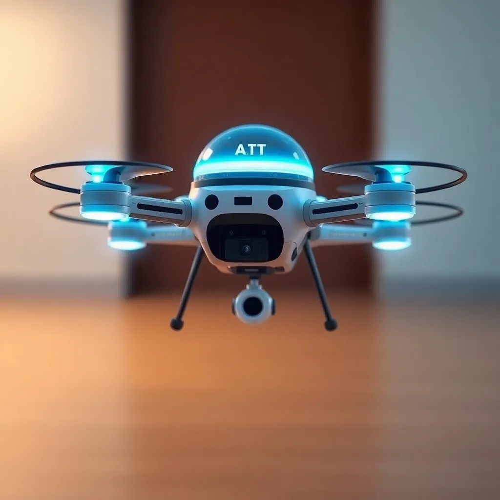 A small drone with blue lights hovering with a blurred background.