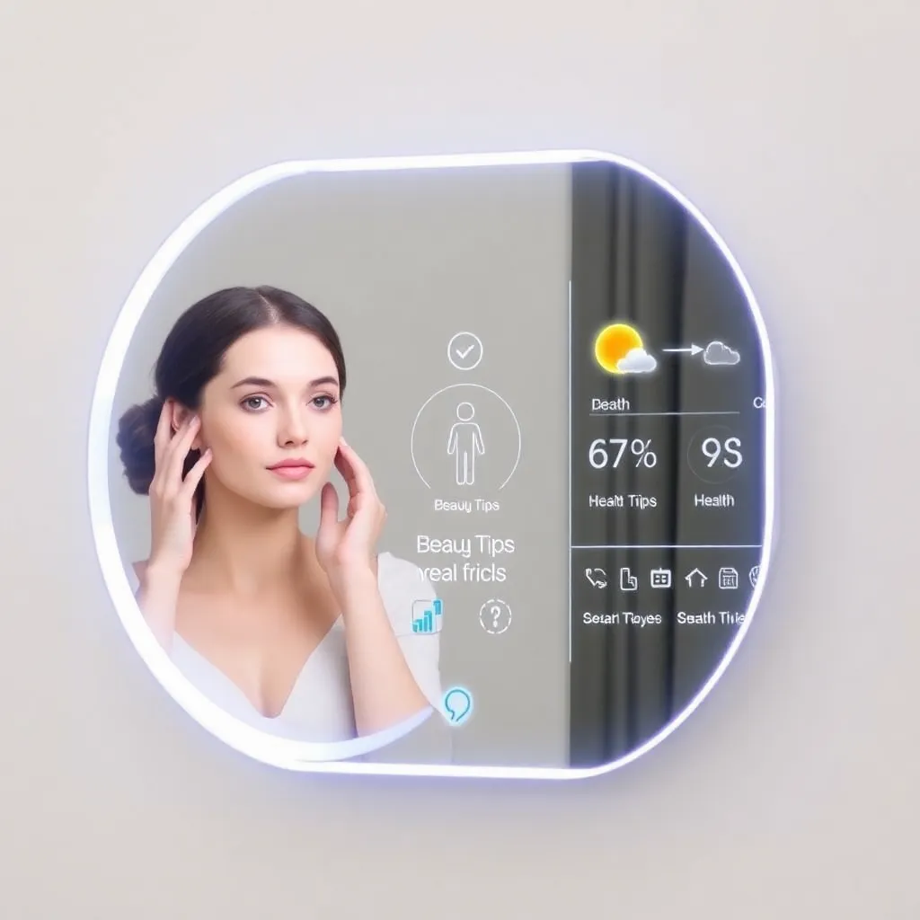 A round smart mirror displaying weather, time, and notifications with a woman's reflection.