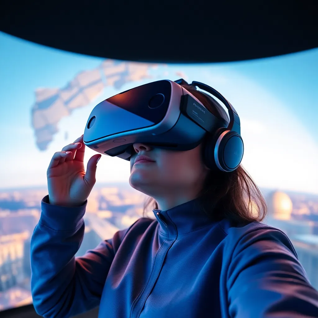 A woman wearing a VR headset with a cityscape visible in the background.