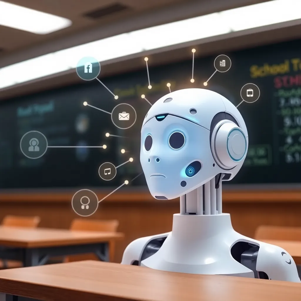 A white, humanoid robot with a screen face standing in a classroom with a blackboard and desks.