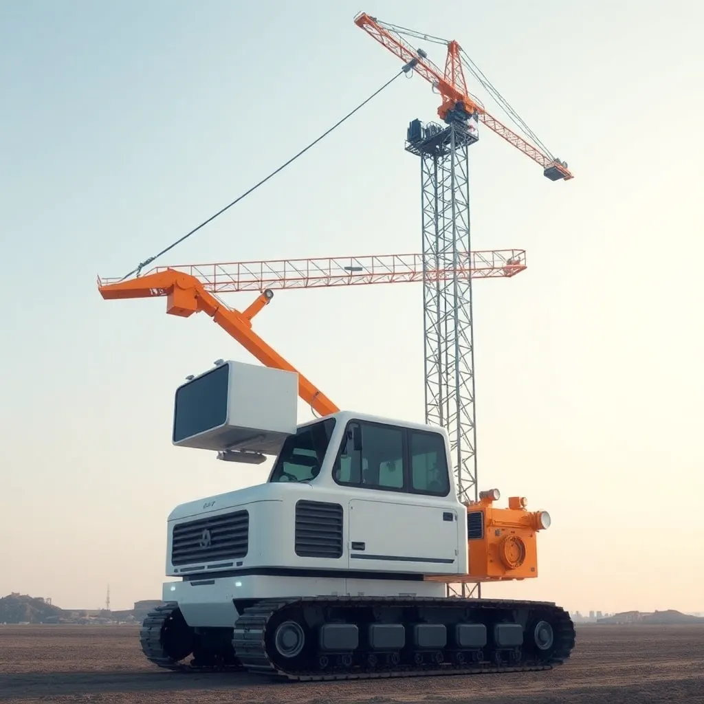 A large construction crane and a white construction vehicle against a clear sky.