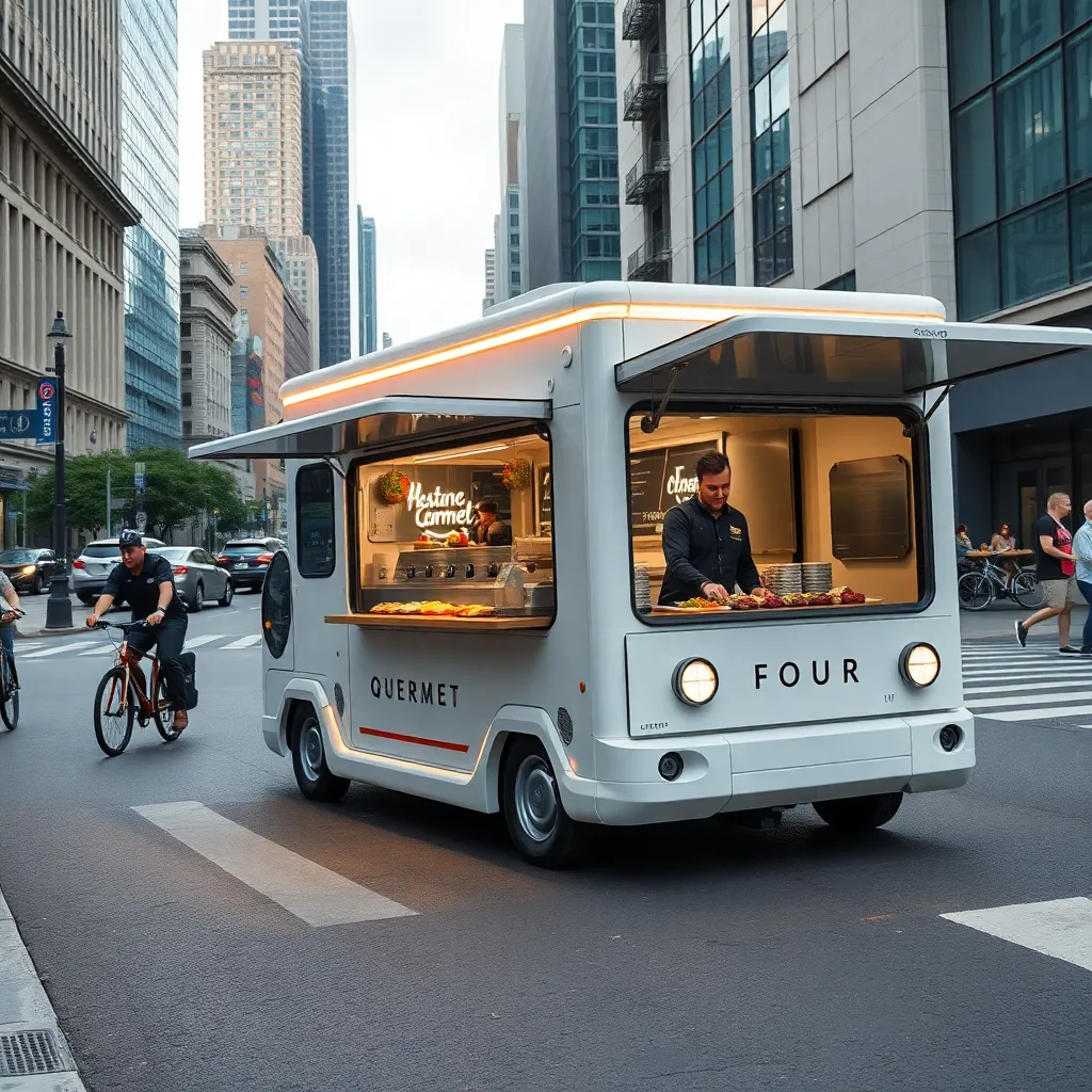 Futuristic bus driving through a city with pedestrians walking on the sidewalk.