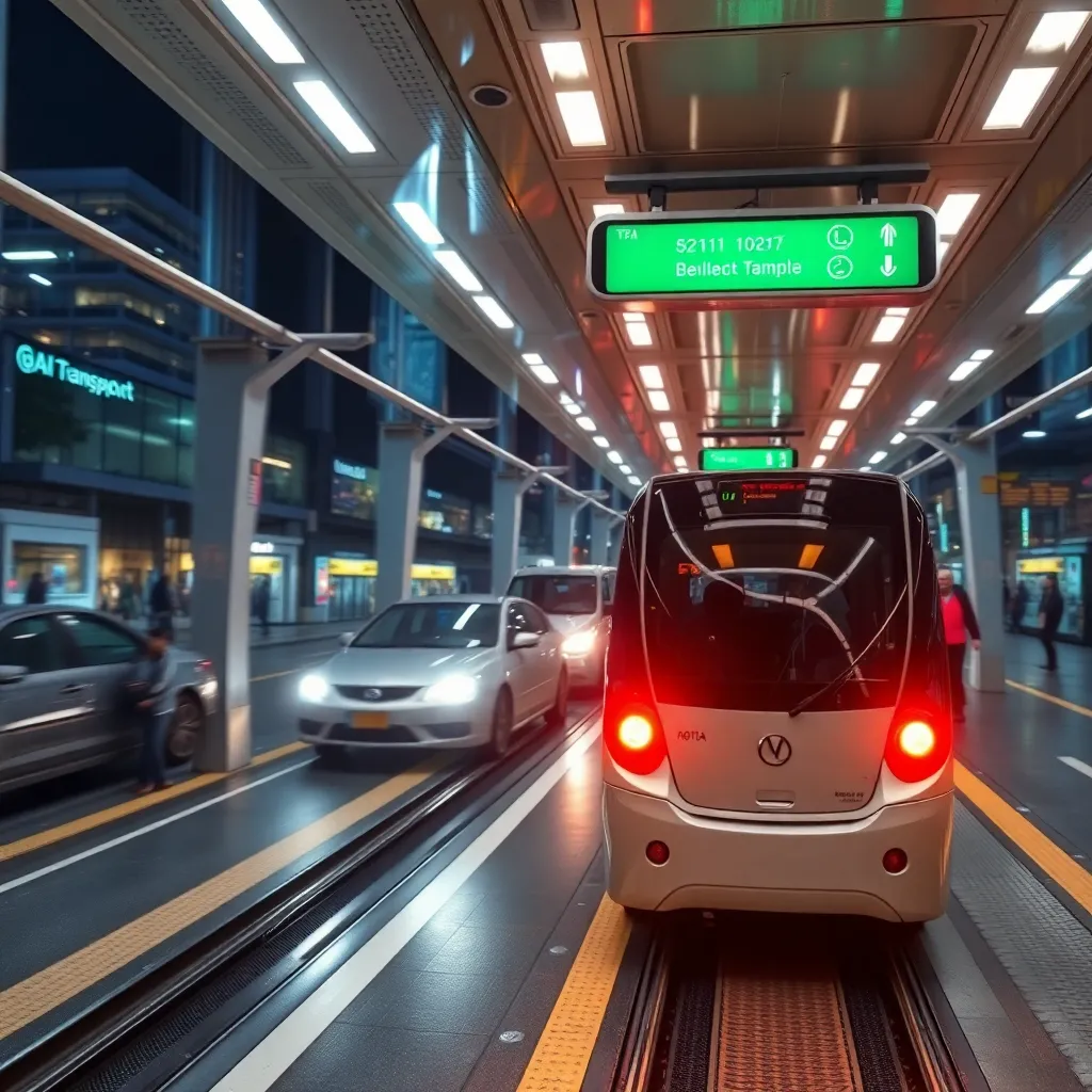 A sleek, white futuristic train with a green light on the front in a modern station.