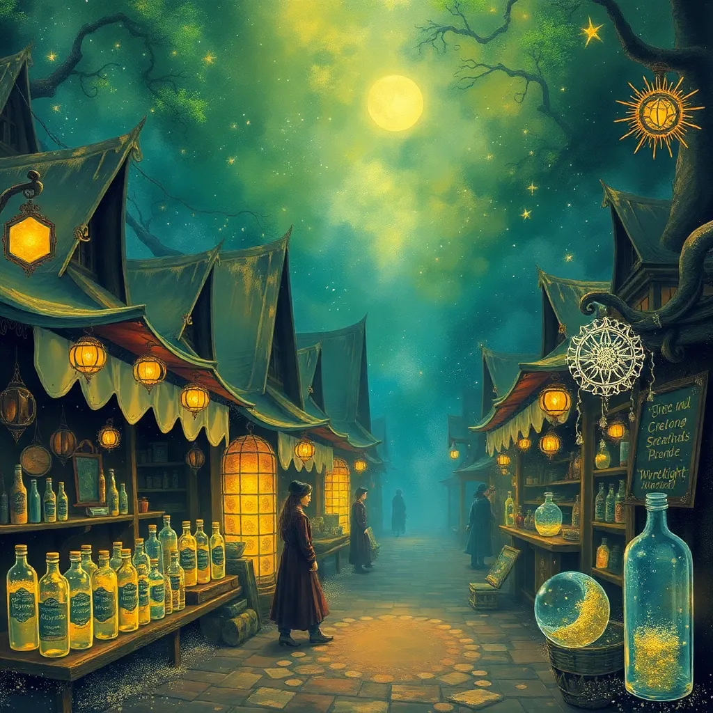 A cobblestone street with whimsical shops and glowing windows under a starry night sky with a large moon.