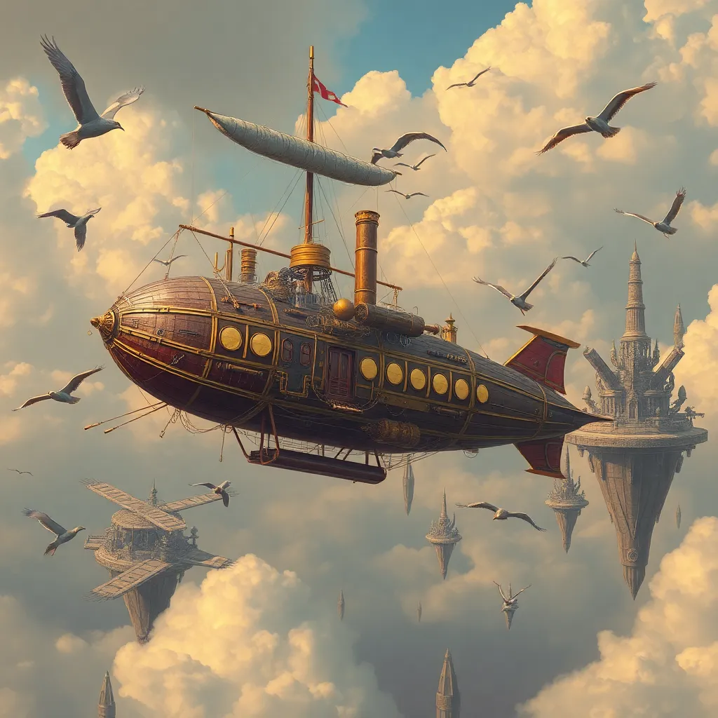 A steampunk-style airship flying through a cloudy sky with birds and fantastical structures.