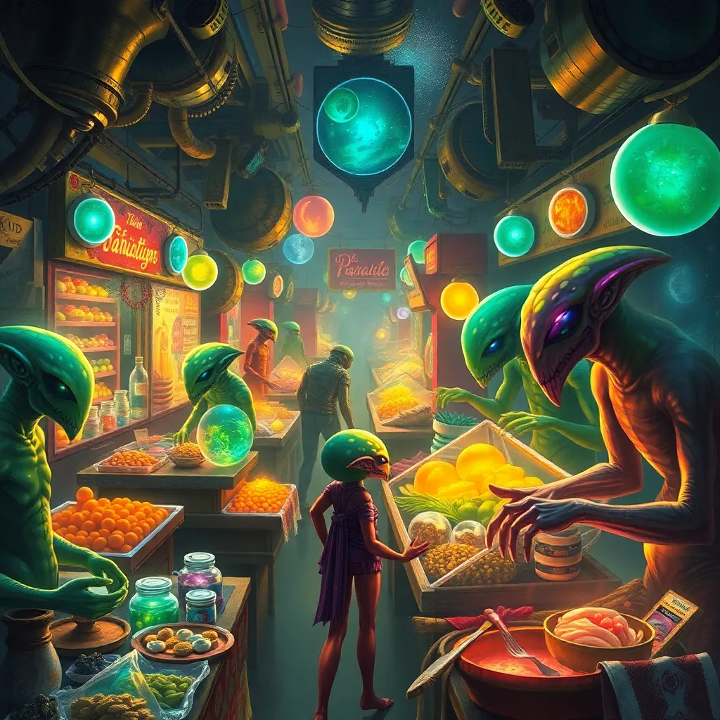 A futuristic bar with glowing lights, colorful bottles, and people interacting.