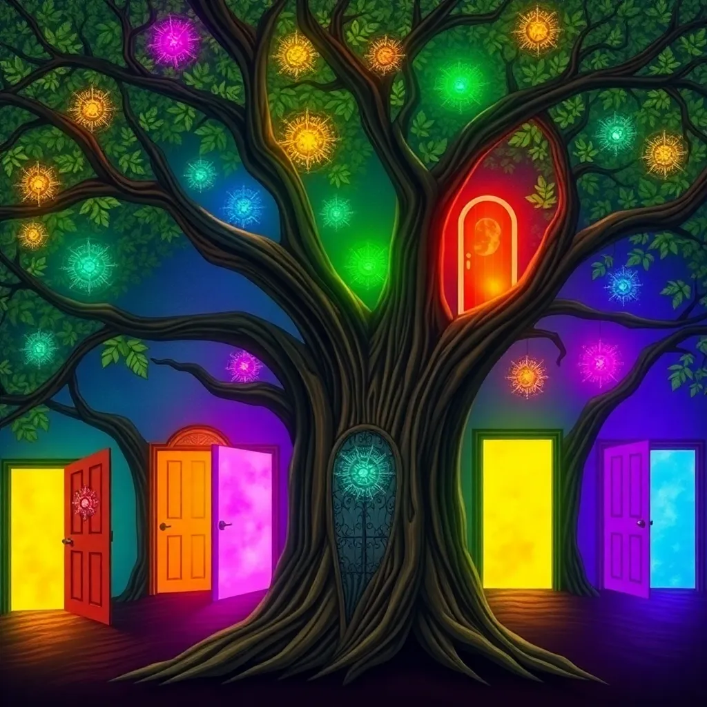 A large tree with glowing, colorful doors in its trunk and bright lights on its branches.