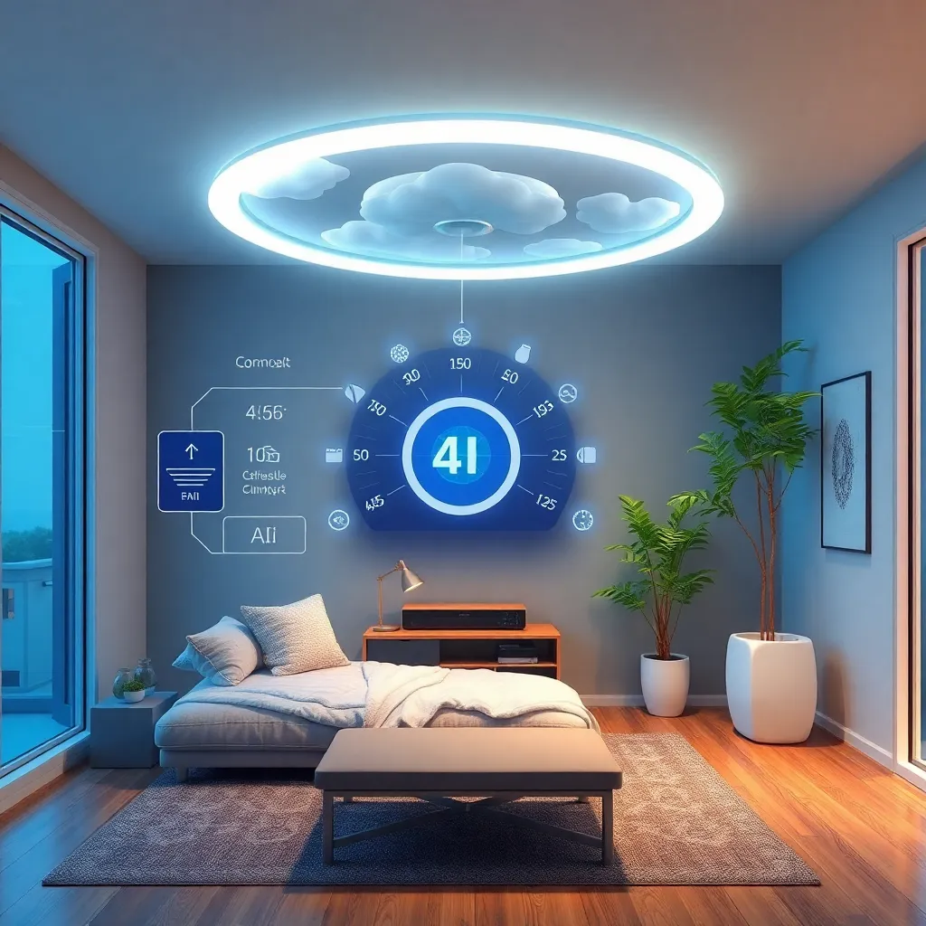 A contemporary bedroom with a large bed, a glowing circular light fixture, and a wall-mounted interface displaying data.