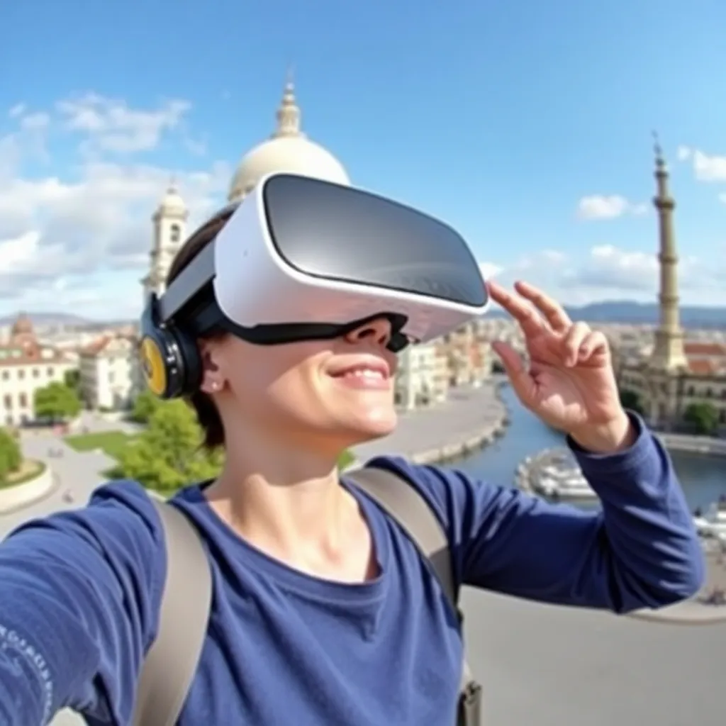 A person wearing a virtual reality headset takes a selfie with a blurred urban background.