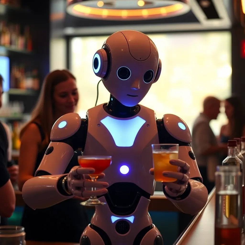 A tall, humanoid robot with a screen face serves drinks to patrons at a bar.