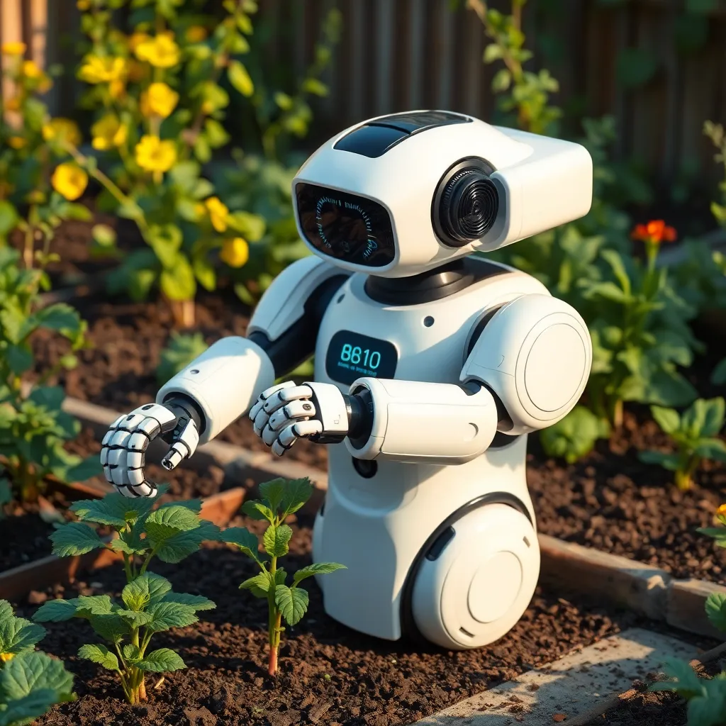 A small, white robot with a friendly face stands amongst flowers and greenery in a garden setting.